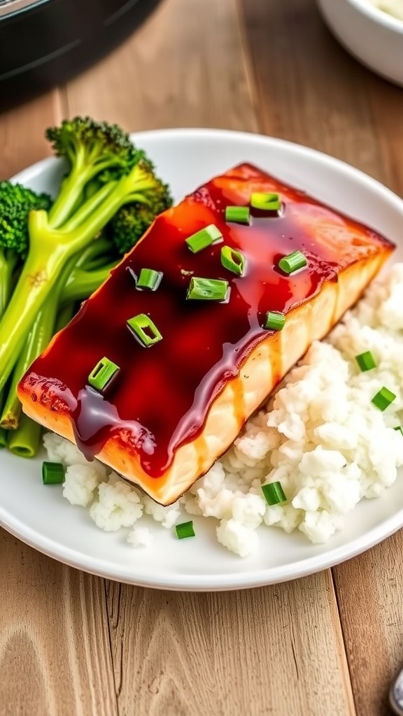Air fryer salmon fillet with maple soy glaze, garnished with green onions, served with broccoli and rice on a rustic table.